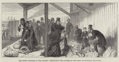 El gran desastre en el Támesis, identificando la ropa de los muertos en el astillero de Woolwich de English School