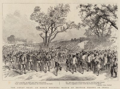 El gran calor, una marcha matutina de las tropas británicas en India (grabado) de English School