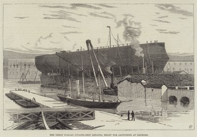 La gran ciudadela italiana Lepanto, lista para ser lanzada en Livorno (grabado) de English School