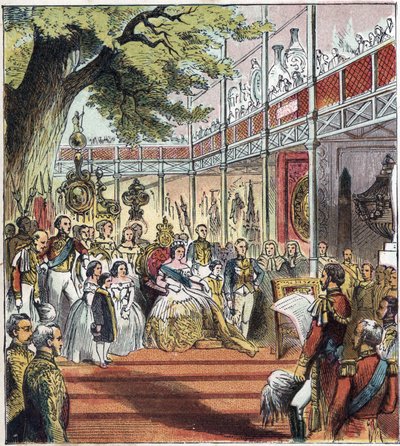 La Gran Exposición de Londres en Hyde Park en 1851. Gran Exposición de 1851. Un palacio de cristal fue construido en Hyde Park para exhibir muchas cosas de diferentes naciones en 1851 de English School