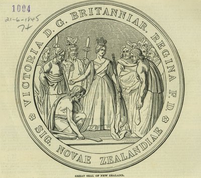 El Gran Sello de Nueva Zelanda, de The Illustrated London News, 21 de junio de 1845 de English School