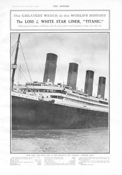 El mayor naufragio en la historia del mundo - La pérdida del transatlántico de la White Star Line, Titanic, de The Sphere, 20 de abril de 1912 de English School