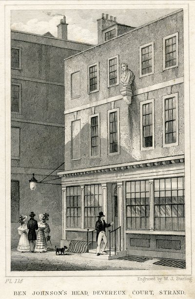The Grecian Coffee House, Devereux Court, Strand, con un busto de Ben Johnson (grabado) de English School