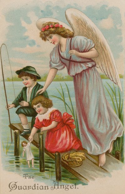 El ángel de la guarda, protegiendo a un niño, una niña y una muñeca pescando de English School