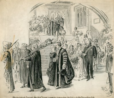 El Guildhall, Londres, Banquete: la procesión del Alcalde pasando de la Biblioteca al Salón de Banquetes de English School