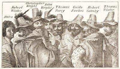 Los conspiradores de la pólvora, según un grabado de 1606 de English School