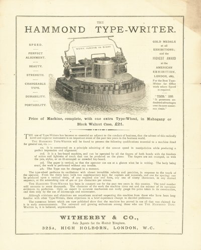 La máquina de escribir Hammond de Wetherby & Co, High Holborn, Londres de English School