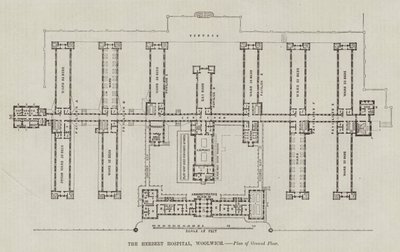 El Hospital Herbert, Woolwich, Plano de Planta Baja (grabado) de English School