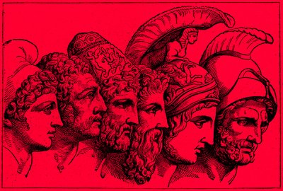 Los Héroes de la Guerra de Troya: Paris, Diomedes, Odiseo, Néstor, Aquiles, Agamenón, ilustración de The Illustrated History of the World, publicado c.1880 de English School