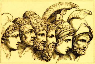 Los Héroes de la Guerra de Troya: Paris, Diomedes, Odiseo, Néstor, Aquiles, Agamenón, ilustración de The Illustrated History of the World, publicado c.1880 de English School