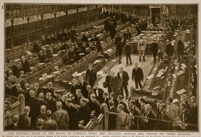 La escena histórica en la Cámara de los Comunes cuando el Proyecto de Ley de Servicio Militar pasó su tercera lectura, 1914-19 de English School