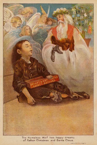 The Homeless Waif tiene felices sueños con Papá Noel y Santa Claus (litografía en color) de English School
