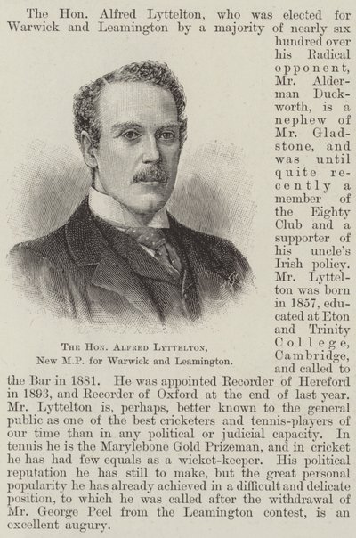 El Honorable Alfred Lyttelton, Nuevo MP por Warwick y Leamington de English School