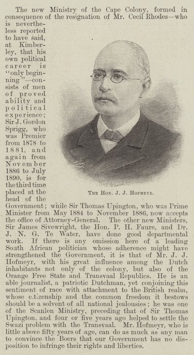 El Honorable J J Hofmeyr (grabado) de English School