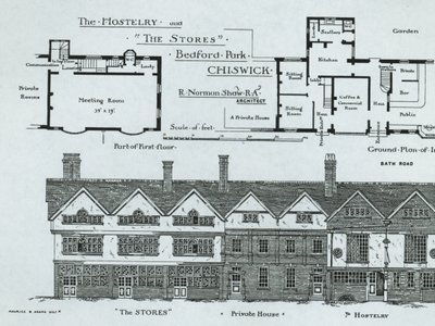 La Hostelería y Las Tiendas, Bedford Park, Chiswick, de The Building News, 1877 de English School