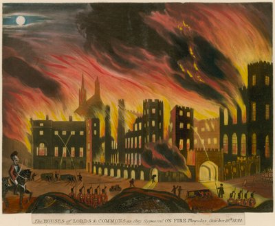 Las Cámaras de los Lores y los Comunes como aparecieron en llamas, 16 de octubre de 1834 de English School