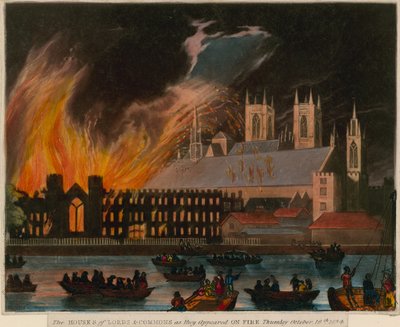 Las Cámaras de los Lores y los Comunes como aparecieron en llamas, 16 de octubre de 1834 de English School