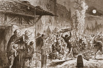 Los iconoclastas en Basilea quemando imágenes e ídolos, ilustración de La Historia del Protestantismo de James Aitken Wylie, pub. 1878 de English School
