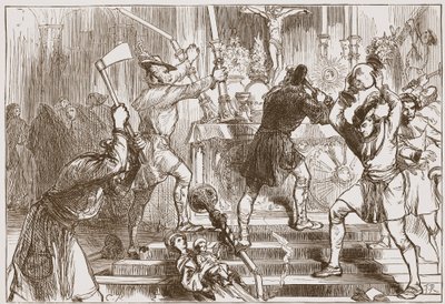 Los iconoclastas destruyendo las imágenes y decoraciones del altar de una iglesia católica romana, ilustración de 