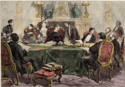 La Emperatriz Eugenia presidiendo un Consejo de Ministros en el Palacio del Elíseo - Ilustración para The Illustrated London News de English School
