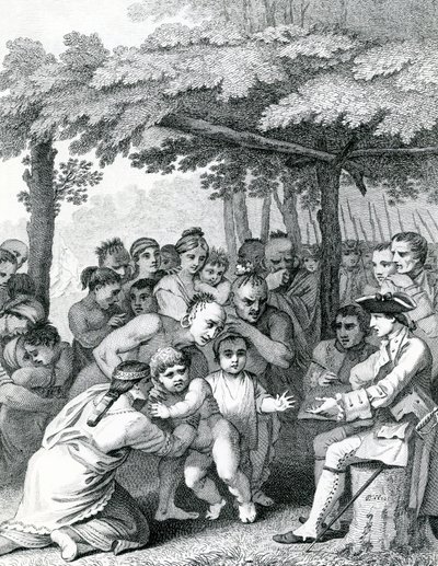 Los indios entregando a los cautivos ingleses al coronel Bouquet cerca de su campamento en los Forks de Muskingham en América del Norte, grabado por Canot, 1764 de English School