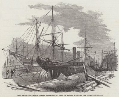 El Barco de Vapor "El Indo" parcialmente destruido por un Incendio, en el Astillero Seco de Messers Wigram, Blackwall de English School