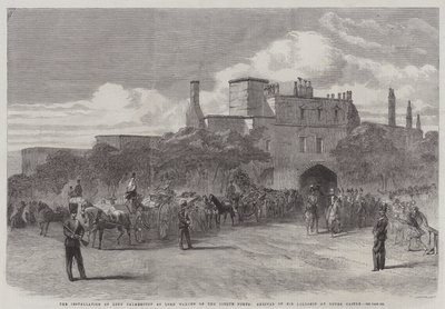 La instalación de Lord Palmerston como Lord Guardián de los Cinco Puertos, llegada de Su Señoría al Castillo de Dover (grabado) de English School