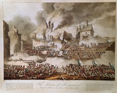 El interior de Hougoumont durante la batalla del glorioso 18 de junio de 1815, grabado por T. Sutherland, publicado en 1816 (aguafuerte) de English School