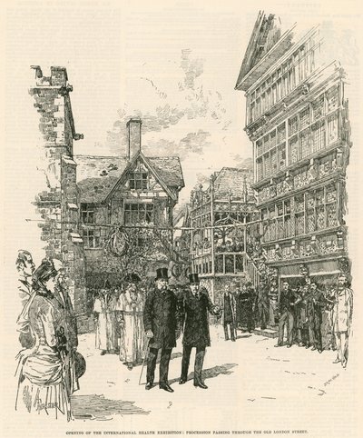 La Exposición Internacional de Salud en South Kensington: Procesión pasando por la antigua calle de Londres de English School