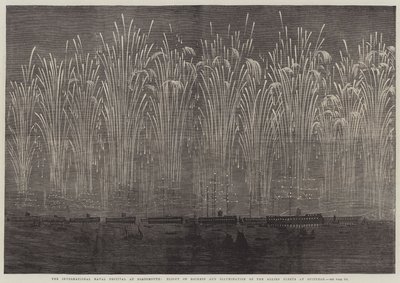 El festival naval internacional en Portsmouth, vuelo de cohetes e iluminación de las flotas aliadas en Spithead (grabado) de English School
