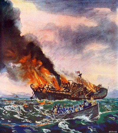 El Jervis Bay, hundido el 5 de noviembre de 1940 (litografía en color) de English School