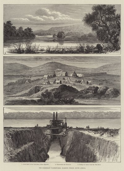 Las obras hidráulicas de Kimberley, campos de diamantes, Sudáfrica (grabado) de English School