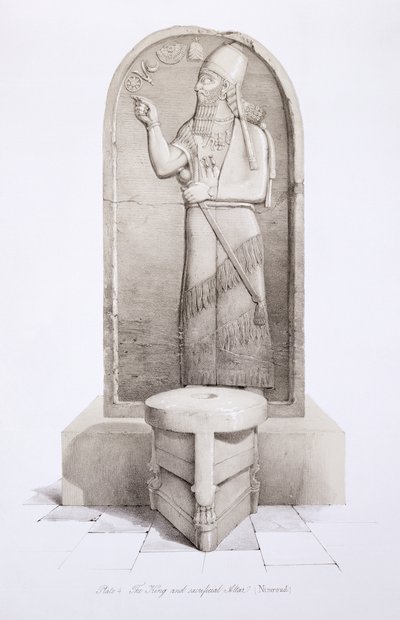 El rey y el altar sacrificial, Nimrud, lámina 4 de Nínive y sus Restos de Austen Henry Layard, publicado en 1849 de English School