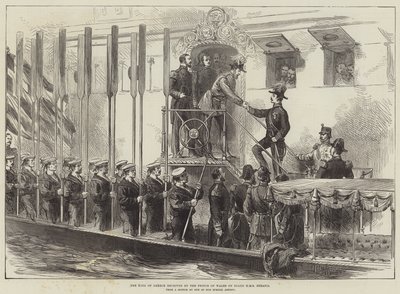 El Rey de Grecia recibido por el Príncipe de Gales a bordo del HMS Serapis (grabado) de English School