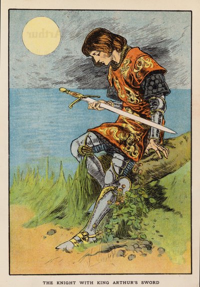 El Caballero con la espada del Rey Arturo (litografía en color) de English School