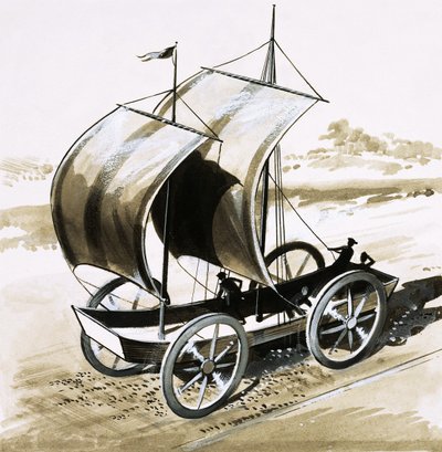 El barco terrestre, inventado por el Dr. Wilkins, Obispo de Chester, en 1648 de English School