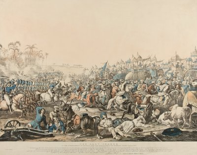 La última carga del 6º Regimiento de Bengala y el 6º Regimiento de Caballería Ligera de Madrás el 16 de diciembre de 1817 (litografía en color) de English School