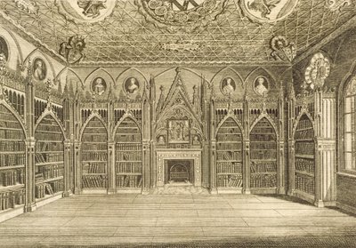 La biblioteca, grabado por Godfrey, de la Descripción de Strawberry Hill por Horace Walpole, 1784 de English School