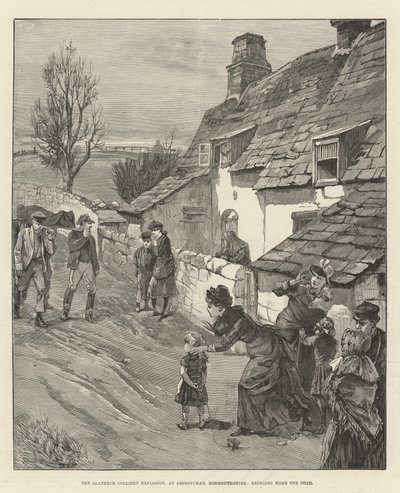 La Explosión de la Mina Llanerch, en Abersychan, Monmouthshire, trayendo a Casa a los Muertos (grabado) de English School