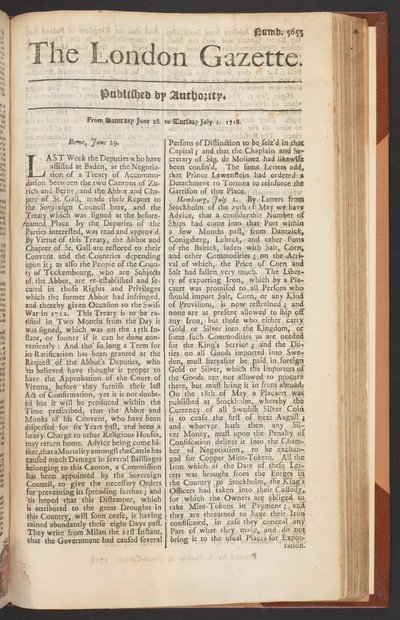 La Gaceta de Londres, número 5655, página 1, 28 de junio de 1718 de English School