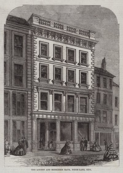 El Banco de Londres y Middlesex, Finch-Lane, City (grabado) de English School