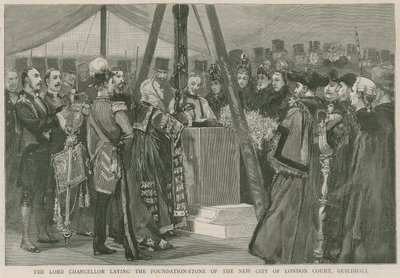 El Lord Canciller colocando la primera piedra del nuevo Tribunal de la Ciudad de Londres, Guildhall de English School