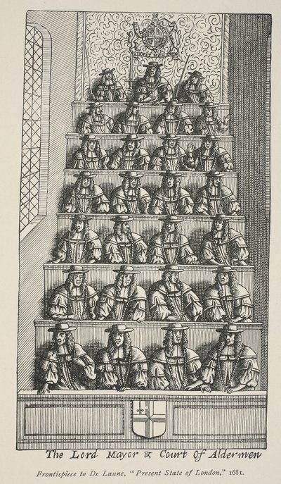 El alcalde y la corte de los concejales, frontispicio de De Launes Angliae Metropolis, 1681 de English School