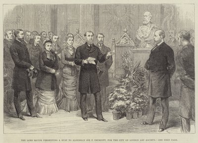 El alcalde presentando un busto al concejal Sir F Truscott, para la Sociedad de Arte de la Ciudad de Londres de English School