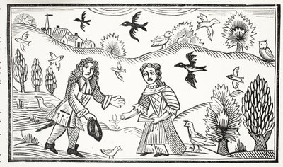 La disputa de los amantes, ilustración de Chap-books del Siglo XVIII de John Ashton, pub. 1882 de English School