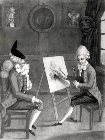 El Pintor Macaroni, o Billy Dimple preparándose para su retrato, publicado por Bowles y Carver, 1772 de English School