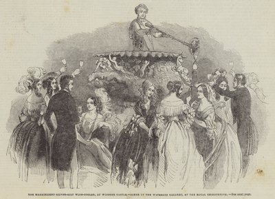 El magnífico enfriador de vino de plata dorada, en el Castillo de Windsor, escena en la Galería Waterloo, en el bautizo real de English School