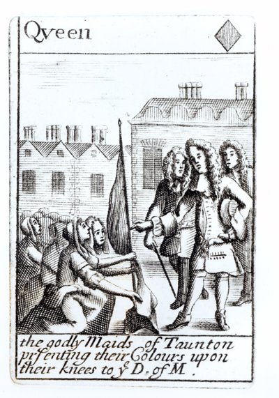 Las doncellas de Taunton arrodilladas ante el Duque de Monmouth, 18 de junio de 1685, carta de la reina de diamantes de un juego que conmemora la Rebelión de Monmouth de English School