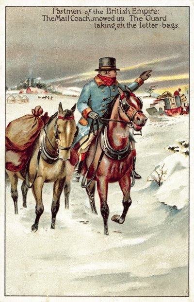 El carruaje del correo nevado, el guardia cargando las sacas de cartas (litografía en color) de English School