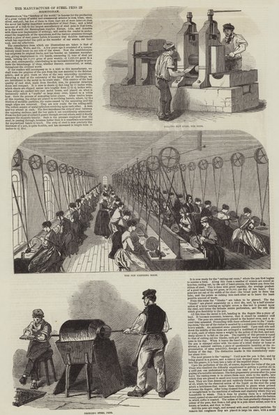 La Fabricación de Plumas de Acero en Birmingham (grabado) de English School